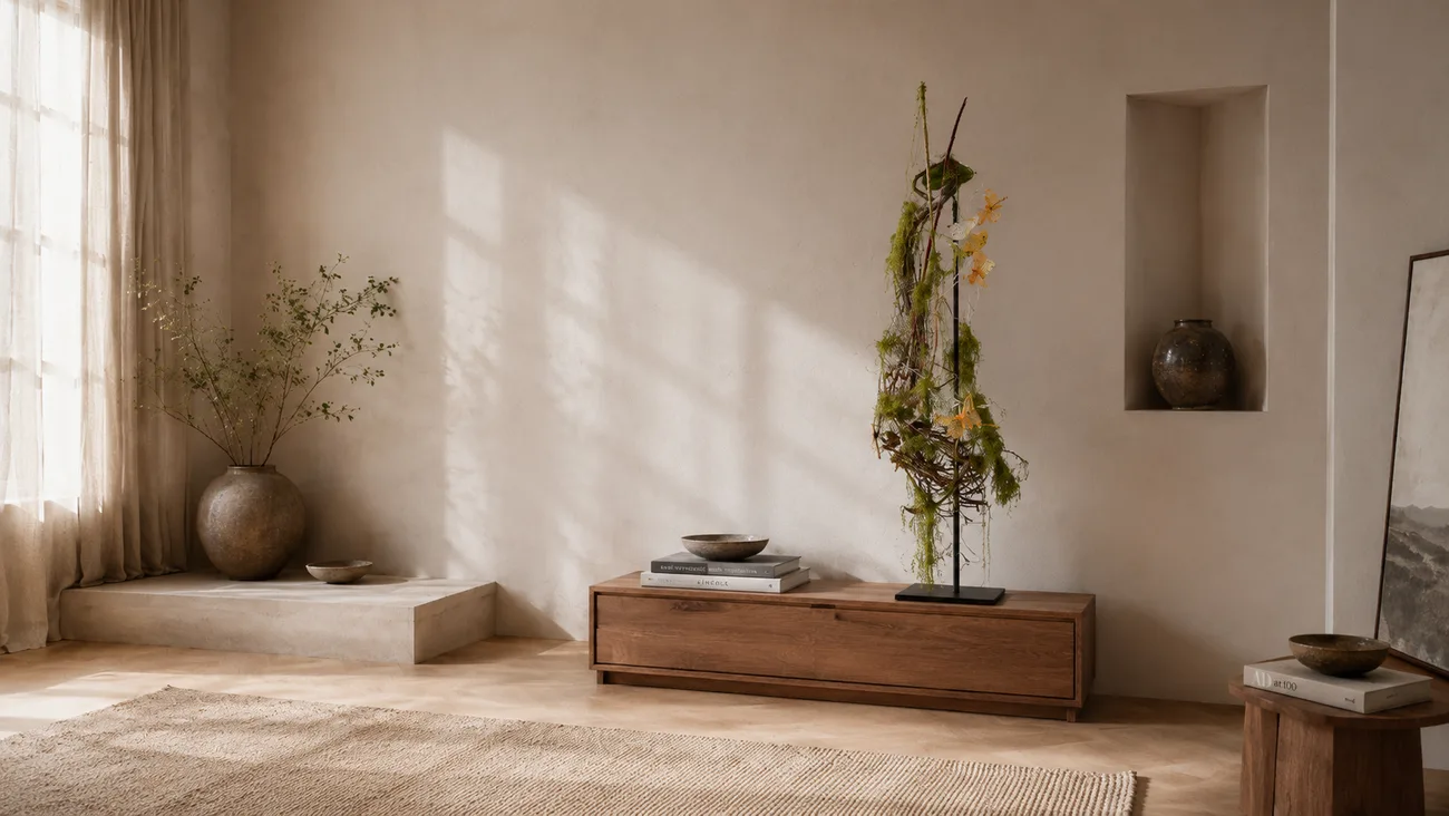 Florale Skulptur aus Moos, Zweigen und getrockneten Blüten auf einem Sideboard in einem hellen Raum