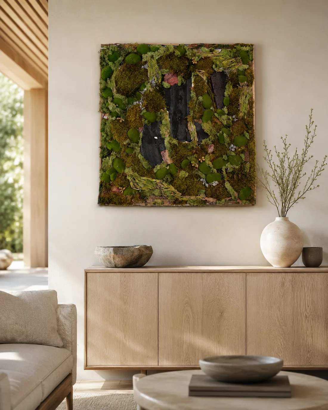 Großes Moosbild an der Wohnzimmerwand über einer Holzkommode