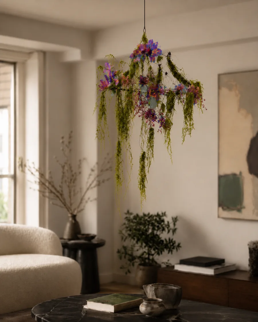 Hängende florale Installation aus Moos und Blüten in einem Wohnraum