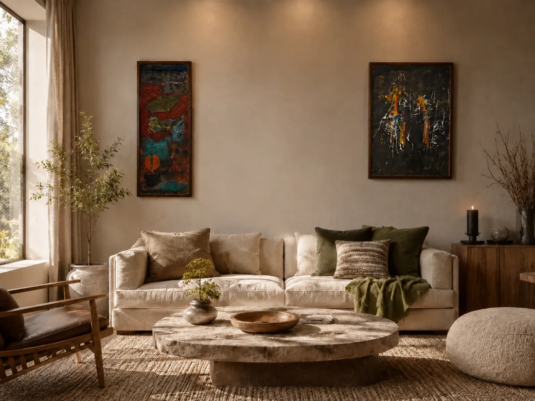 Wohnzimmer mit heller Couch und zwei gerahmten Gemälden, dazwischen eine leere Wandfläche
