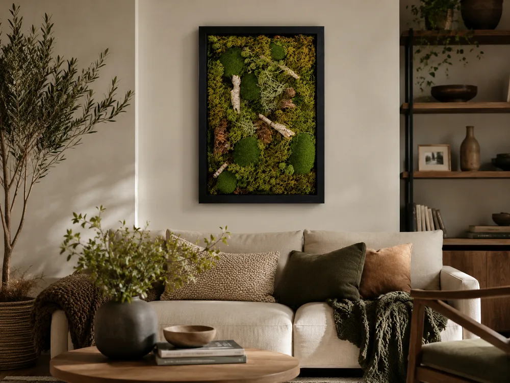 Moosbild im schwarzen Rahmen über einem Sofa im Wohnraum – Islandmoos, Kugelmoos und Birkenstämmchen