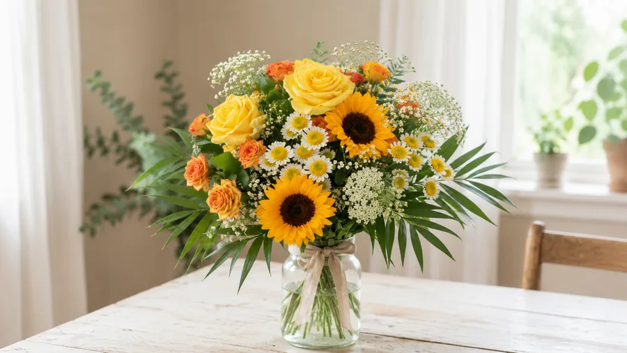Sommerlicher Strauß aus Sonnenblumen, gelben Rosen und Kamille in einer Glasvase
